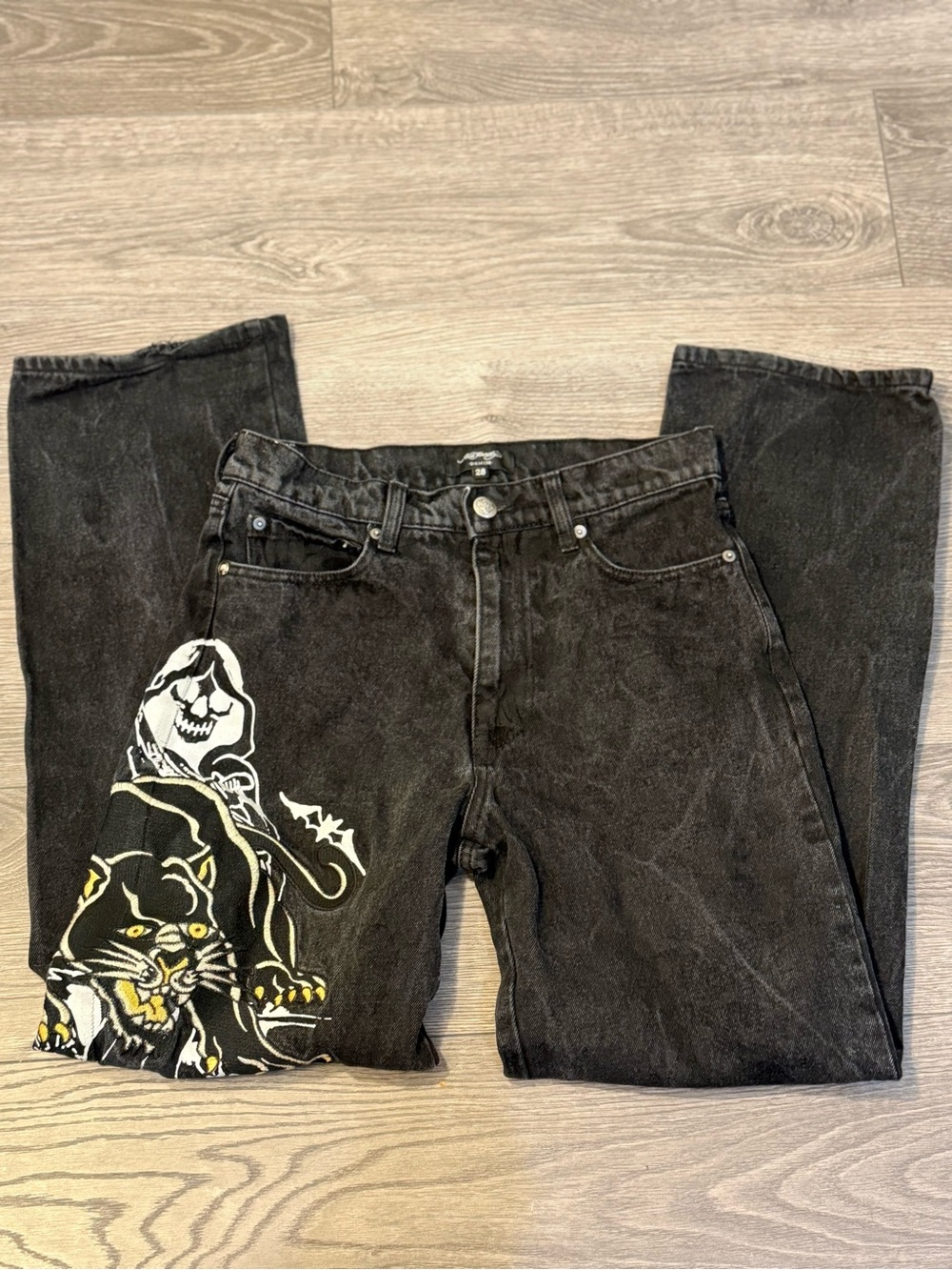 Vintage ed hardy Black Graphic Men's Jeans with Panther and Skull Print